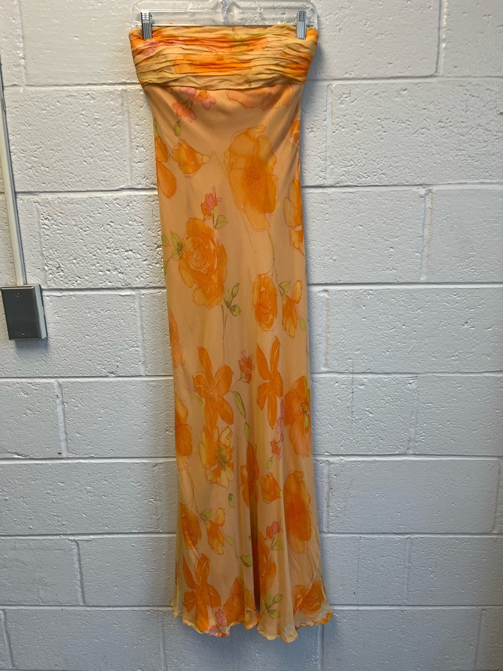David Meister Vintage Strapless Peach-Orange Floral Silk Maxi Dress Sz. 2 - Picture 3 of 11
